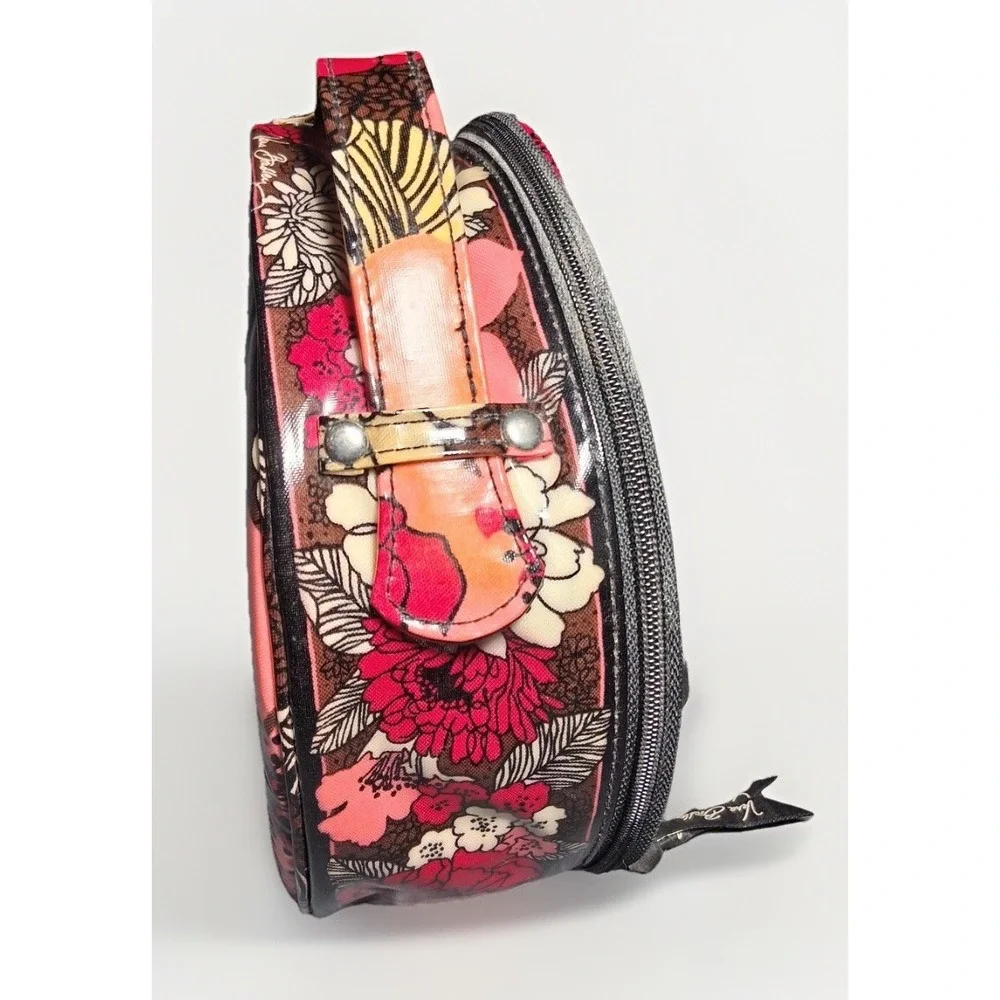 Vera Bradley Mocha Rouge Round Cosmetic Case Floral Travel Makeup Bag Pink Brown